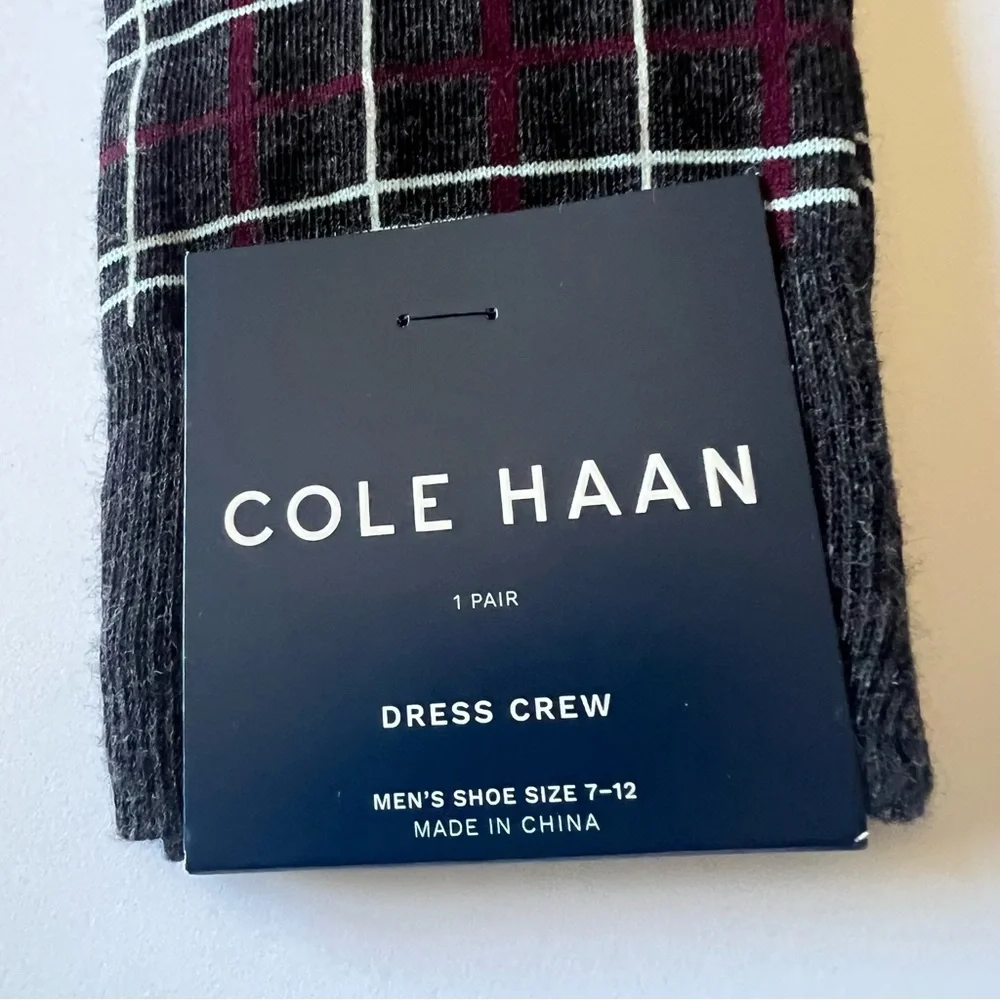 COLE HAAN MENS COTTON BLEND DRESS SO KS WINDOWPANE CHECK CHARCOAL RED WHITE NWT